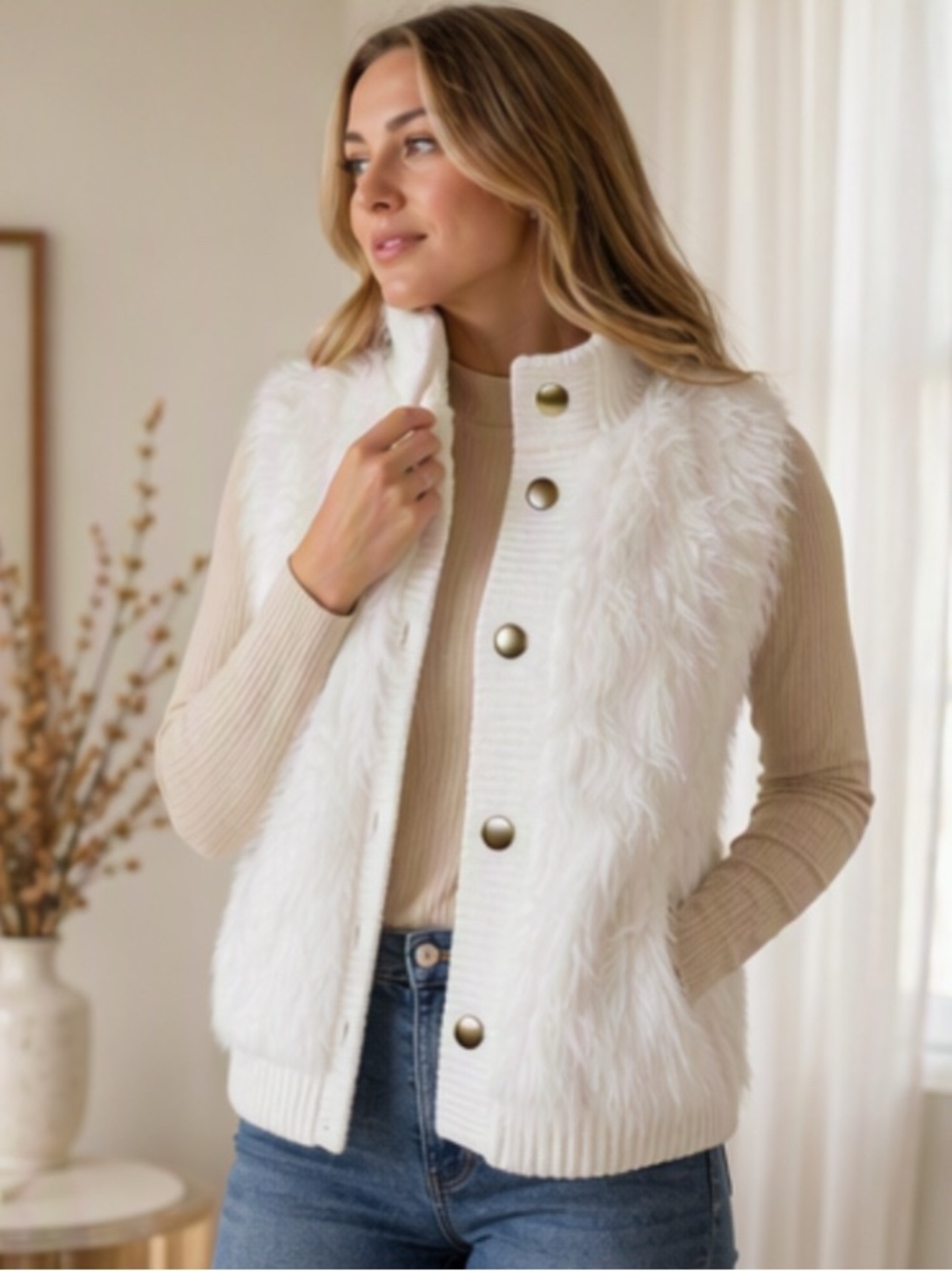 🎀🌷 White Soft Fuzzy Faux Fur Button Up Sweater Vest 🌷🎀 NWT One Size